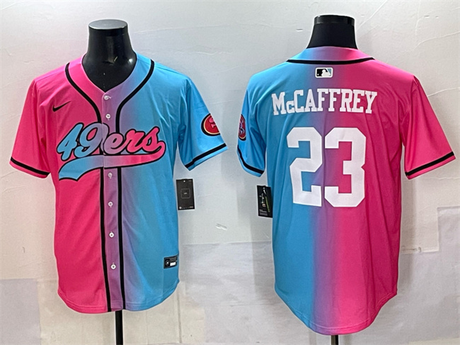 Men's San Francisco 49ers #23 Christian McCaffrey Pink/Blue Limited Stitched Baseball Jersey Men's San Francisco 49ers #23 Christian McCaffrey Pink/Blue Limited Stitched Baseball Jersey